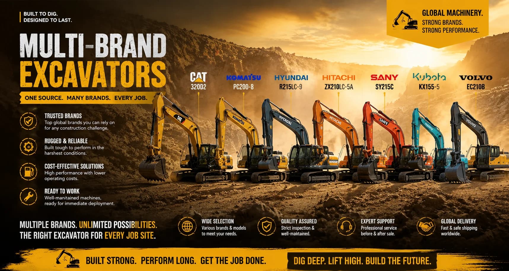 Multi-brand used excavators for construction projects
