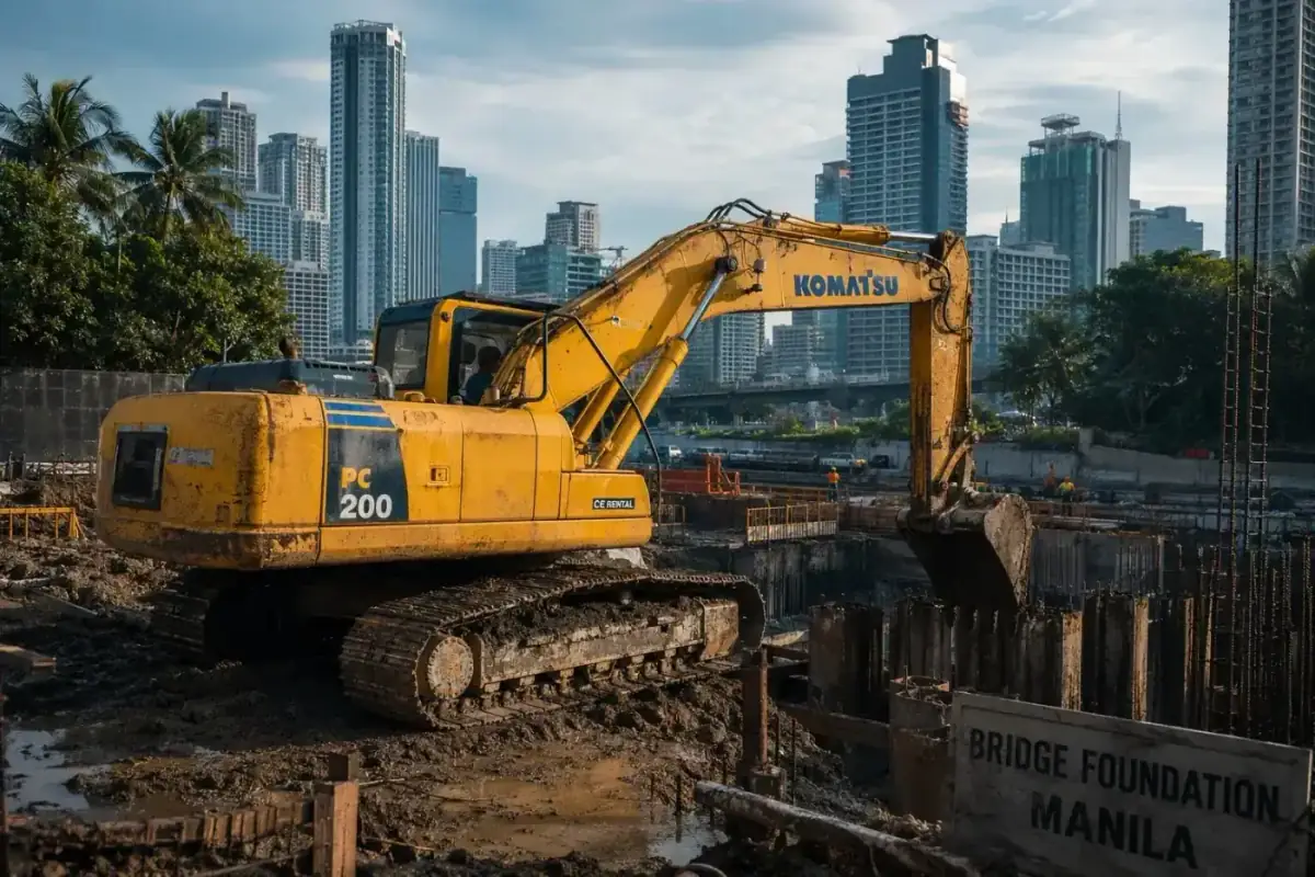 Komatsu PC200 excavator in Manila bridge foundation, Philippines