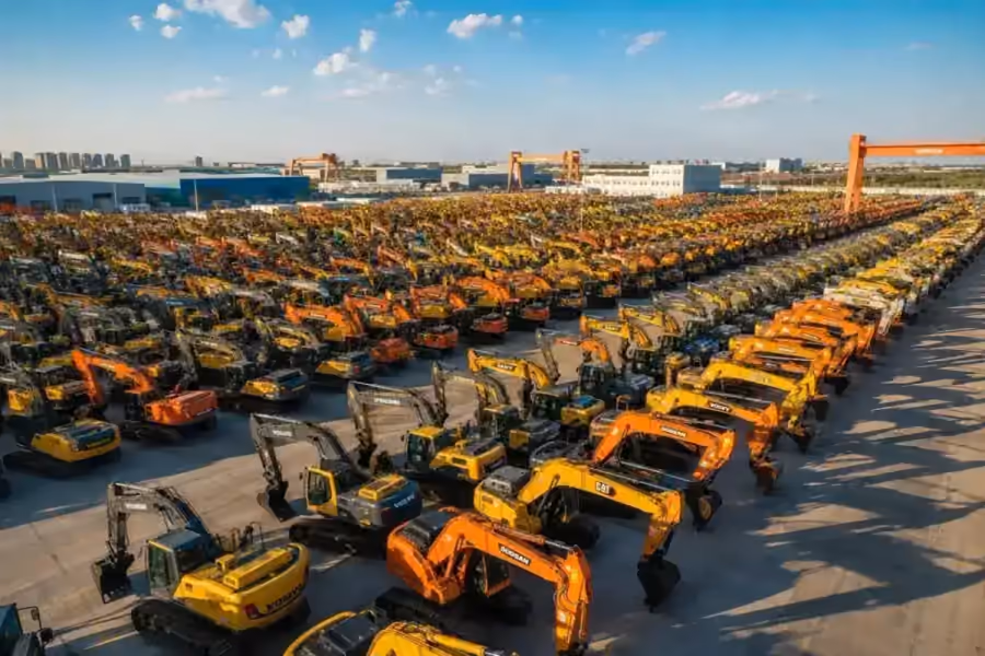 Used excavator and construction equipment inventory at a China export yard