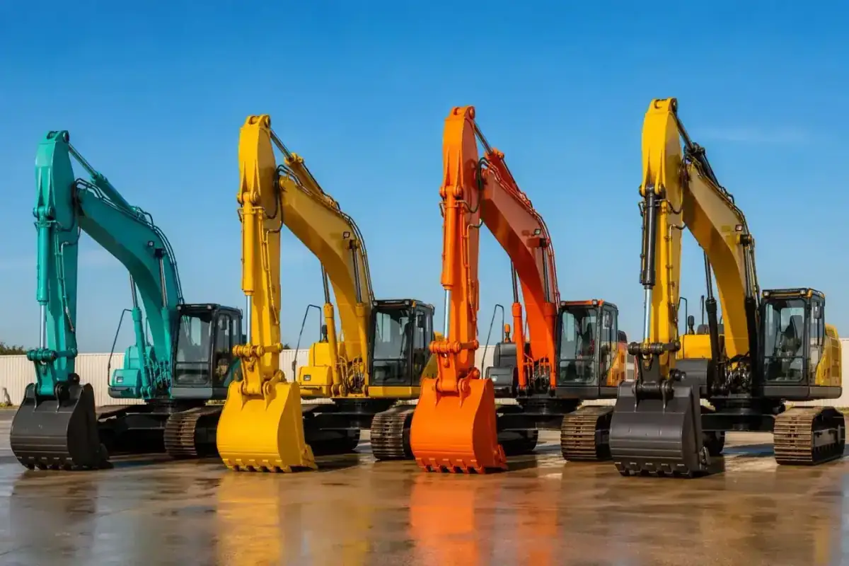 Comparison of Komatsu Caterpillar Hitachi and Volvo excavators in export yard