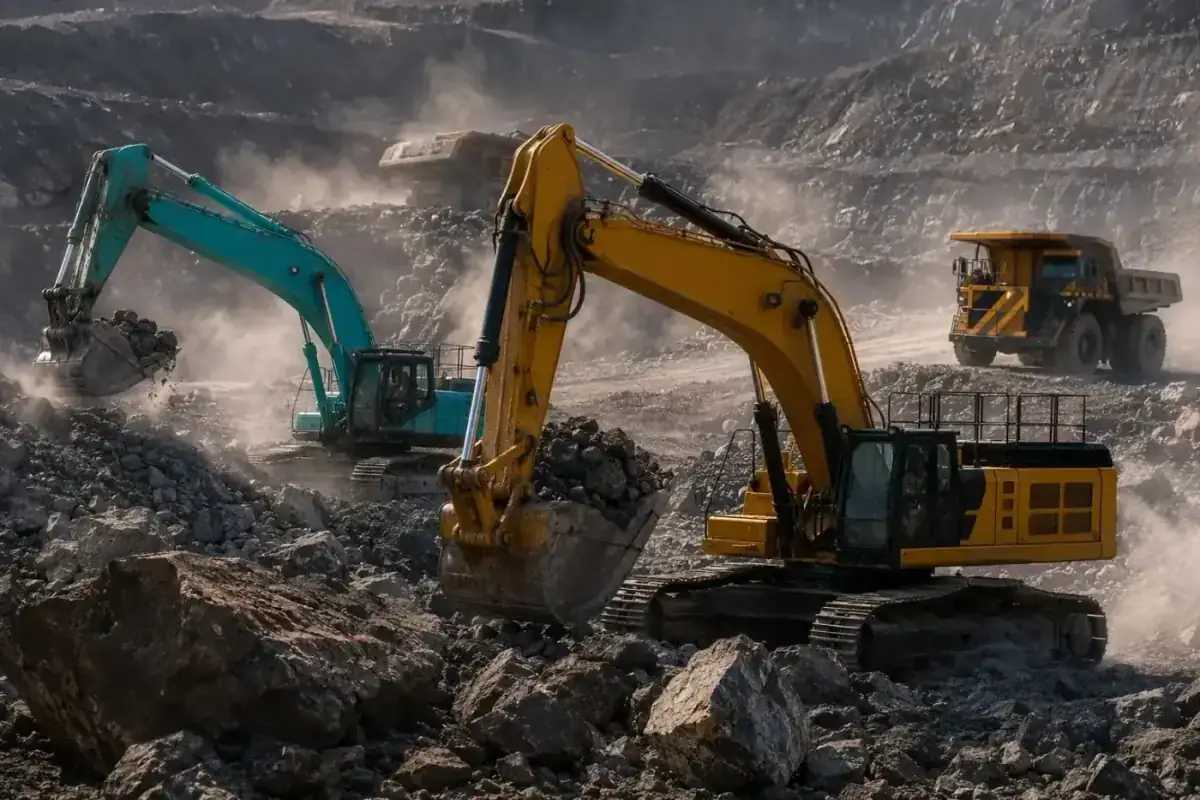 Massive excavators working in an open pit mine