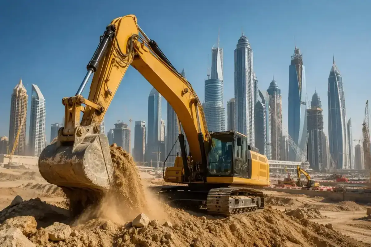 Large excavator working on high-scale infrastructure in the Middle East