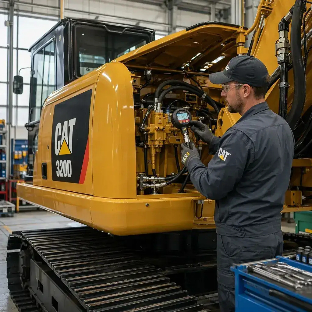 Technician performing precision excavator maintenance on a CAT 320D