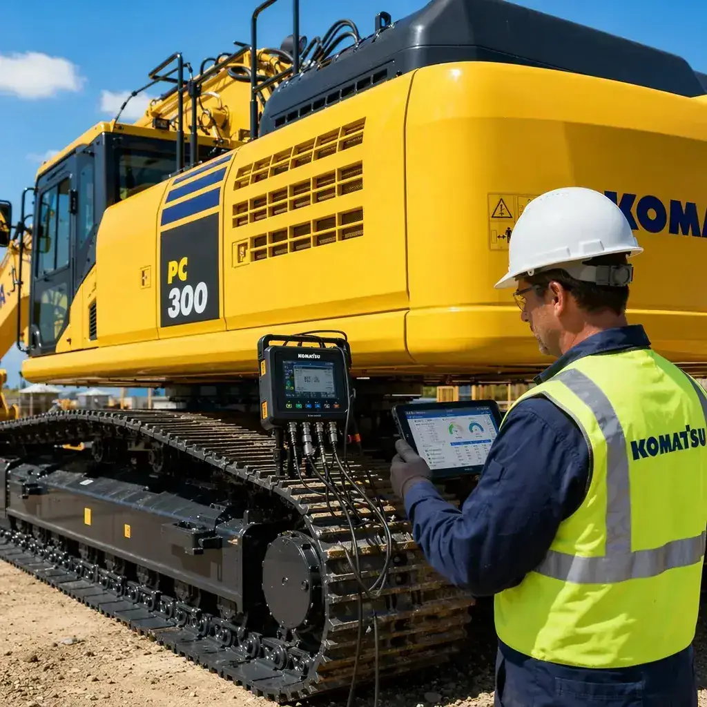 Senior engineer performing data-driven inspection of a used excavator
