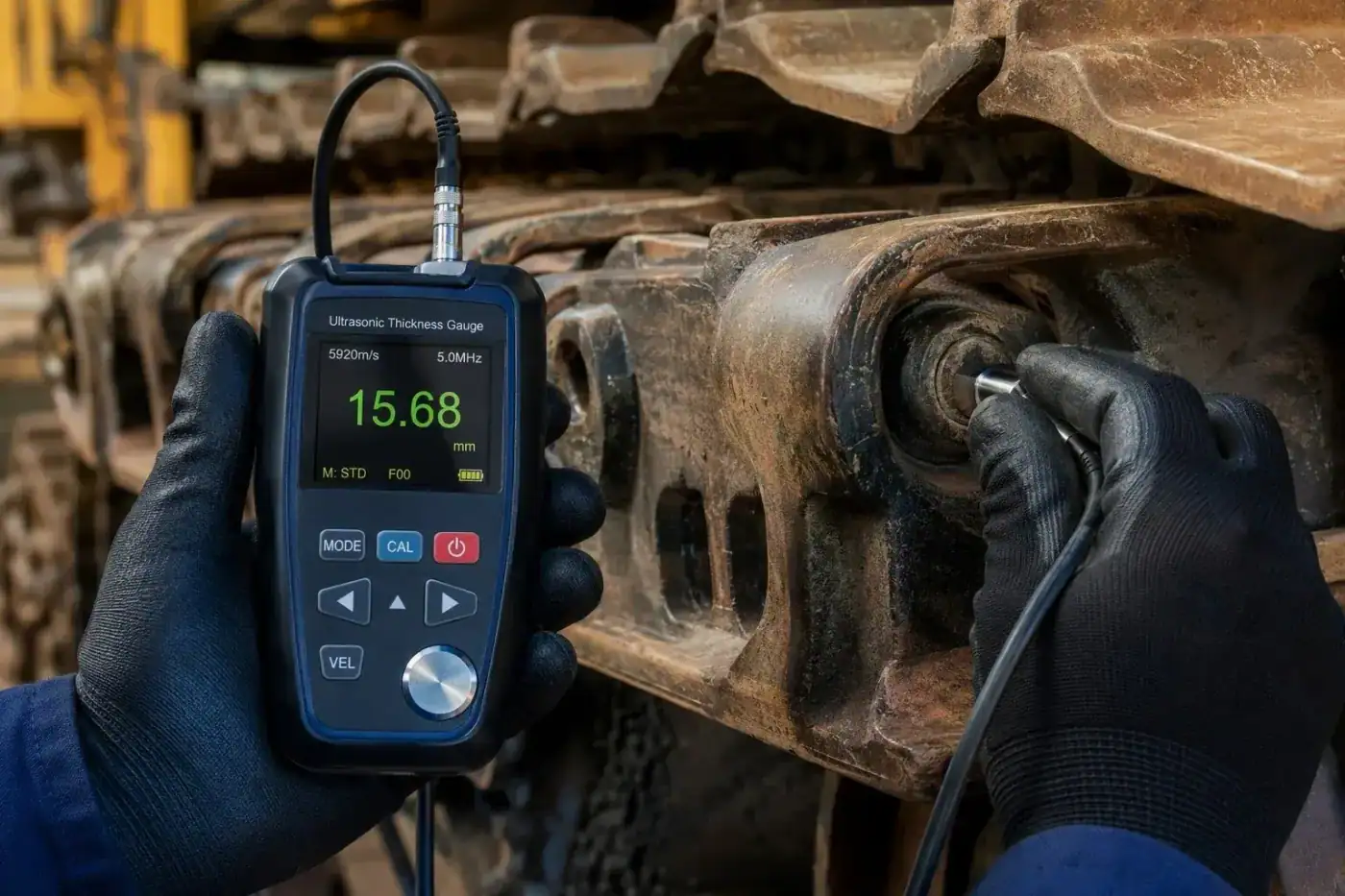 Inspection of track and undercarriage wear on heavy machinery