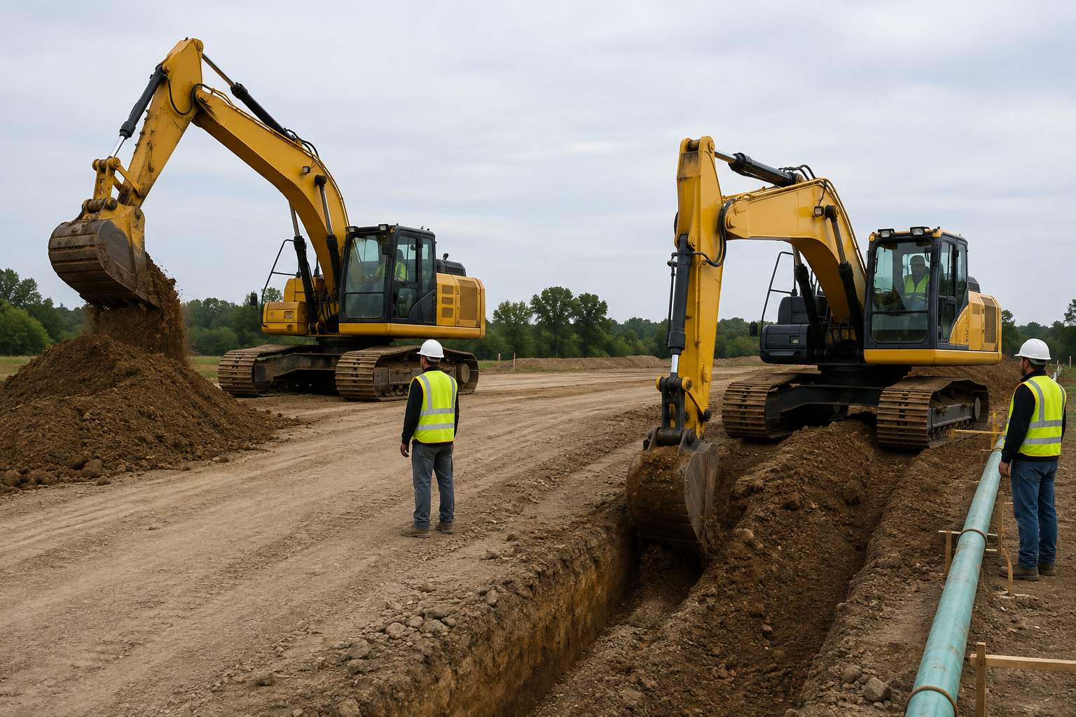 CAT 320D and Komatsu PC210 style excavators demonstrating roadwork and utility trenching project fit