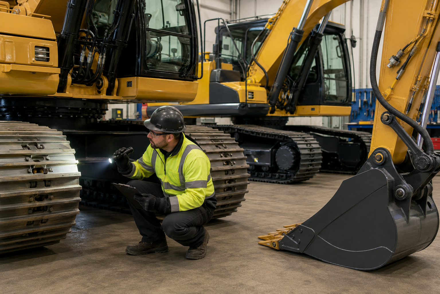 Technician inspecting undercarriage and hydraulic components on CAT 320D and Komatsu PC210 style excavators