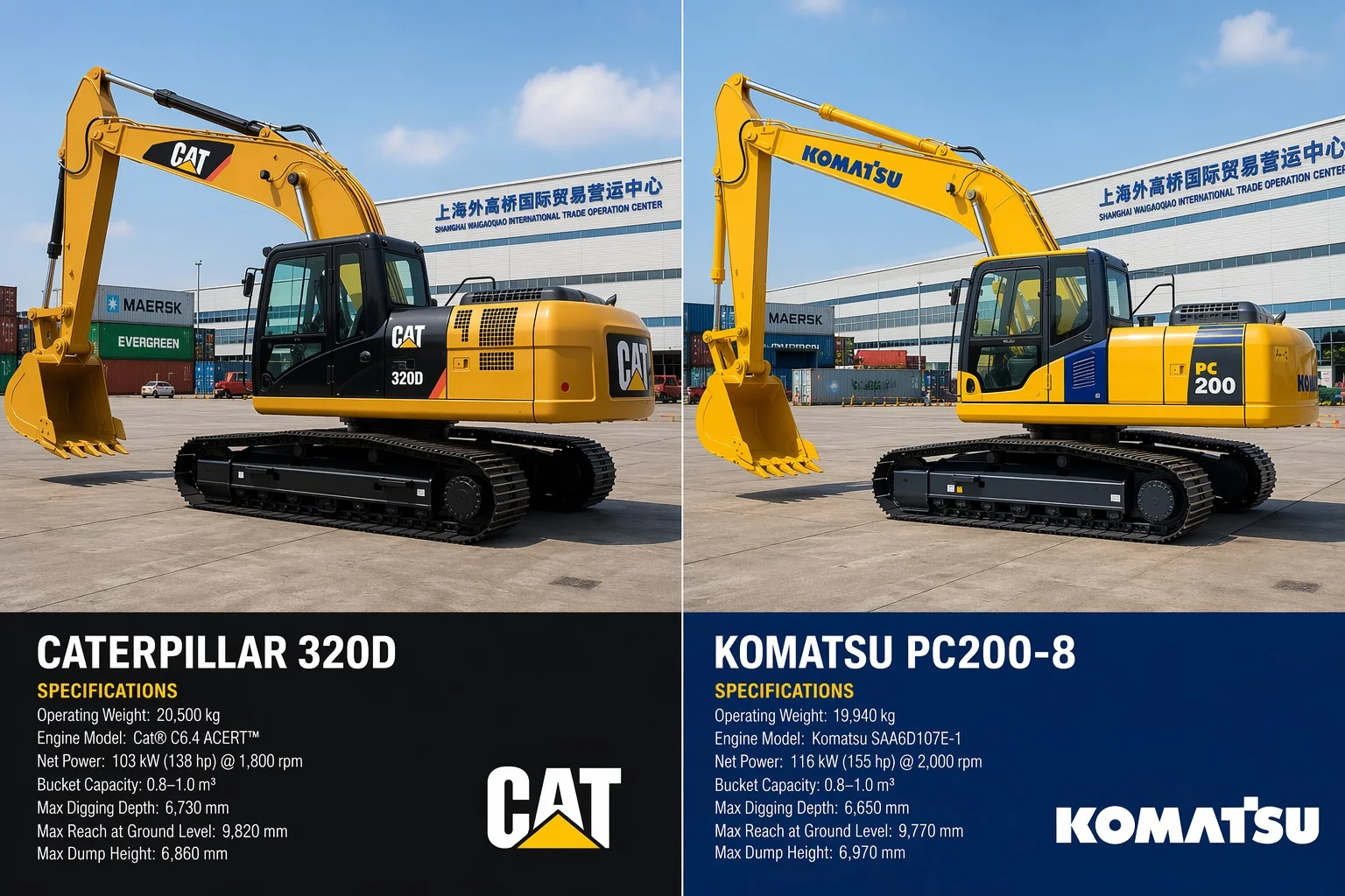 Side by side comparison of Caterpillar 320D and Komatsu PC200-8 excavators