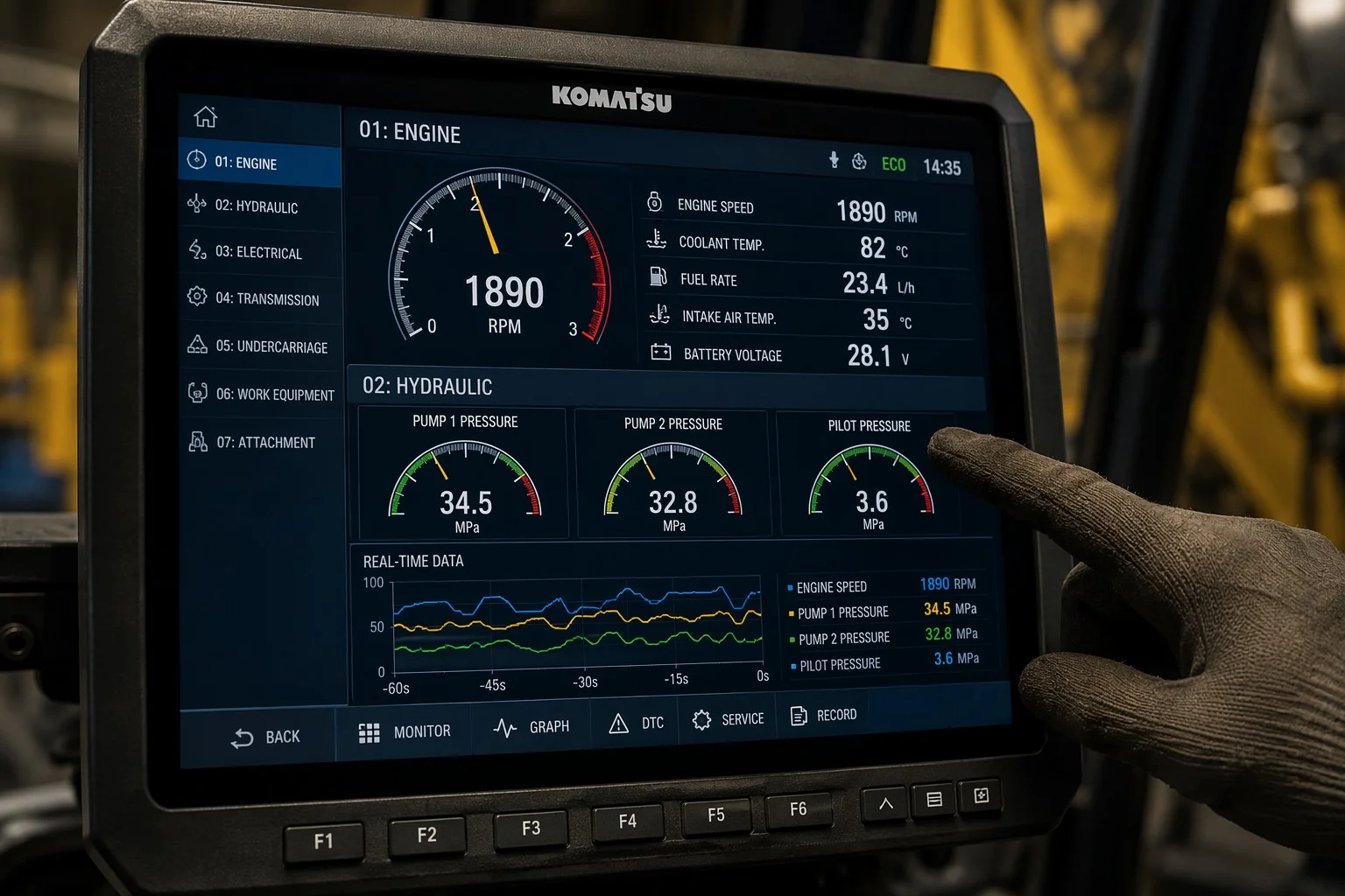 Close-up of a digital diagnostic monitor showing real-time engine health data