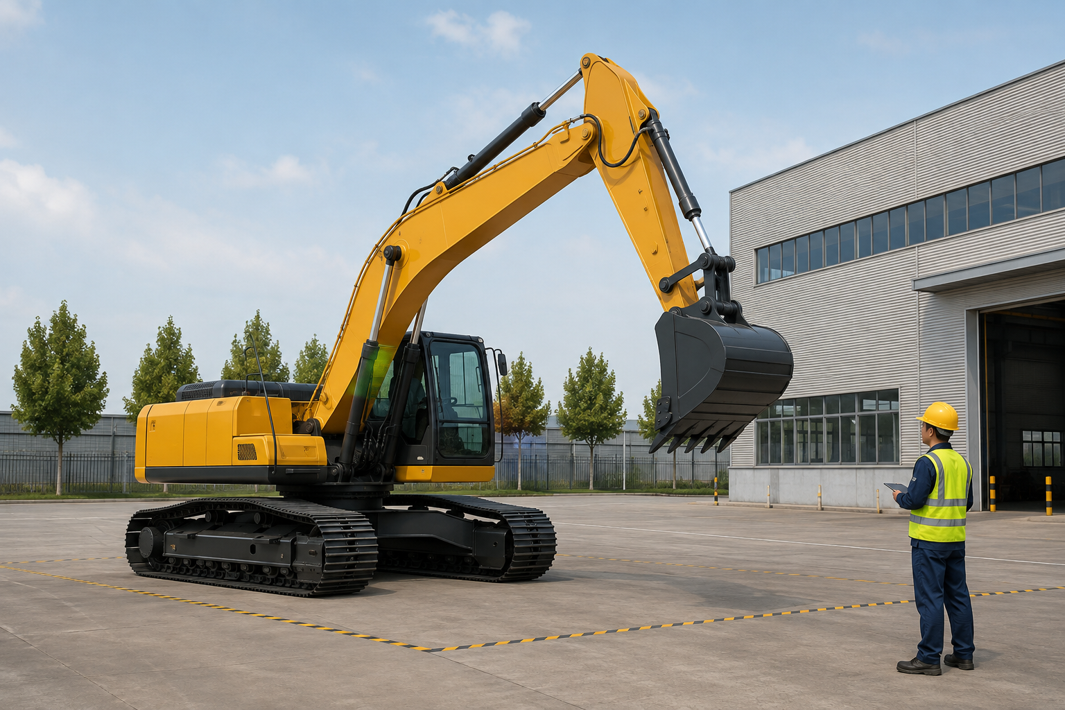 Nearly new excavator performing a controlled boom and bucket hydraulic cycle test in an export yard