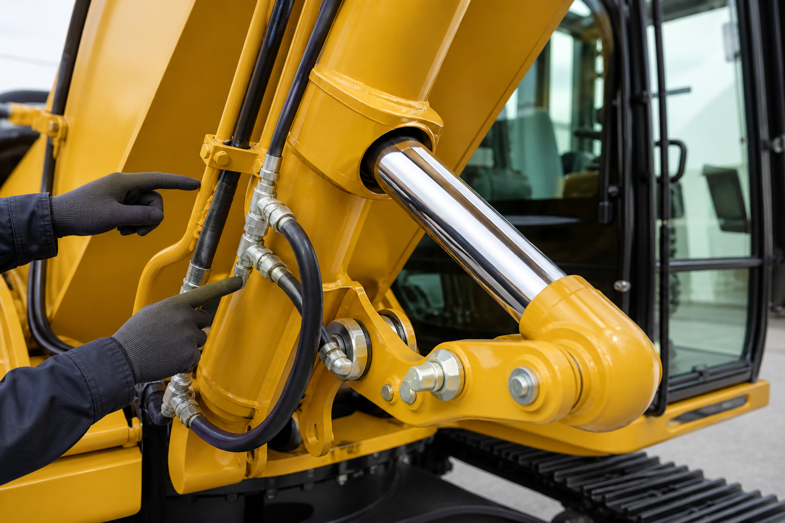 Technician checking clean hydraulic hoses and a polished excavator cylinder rod