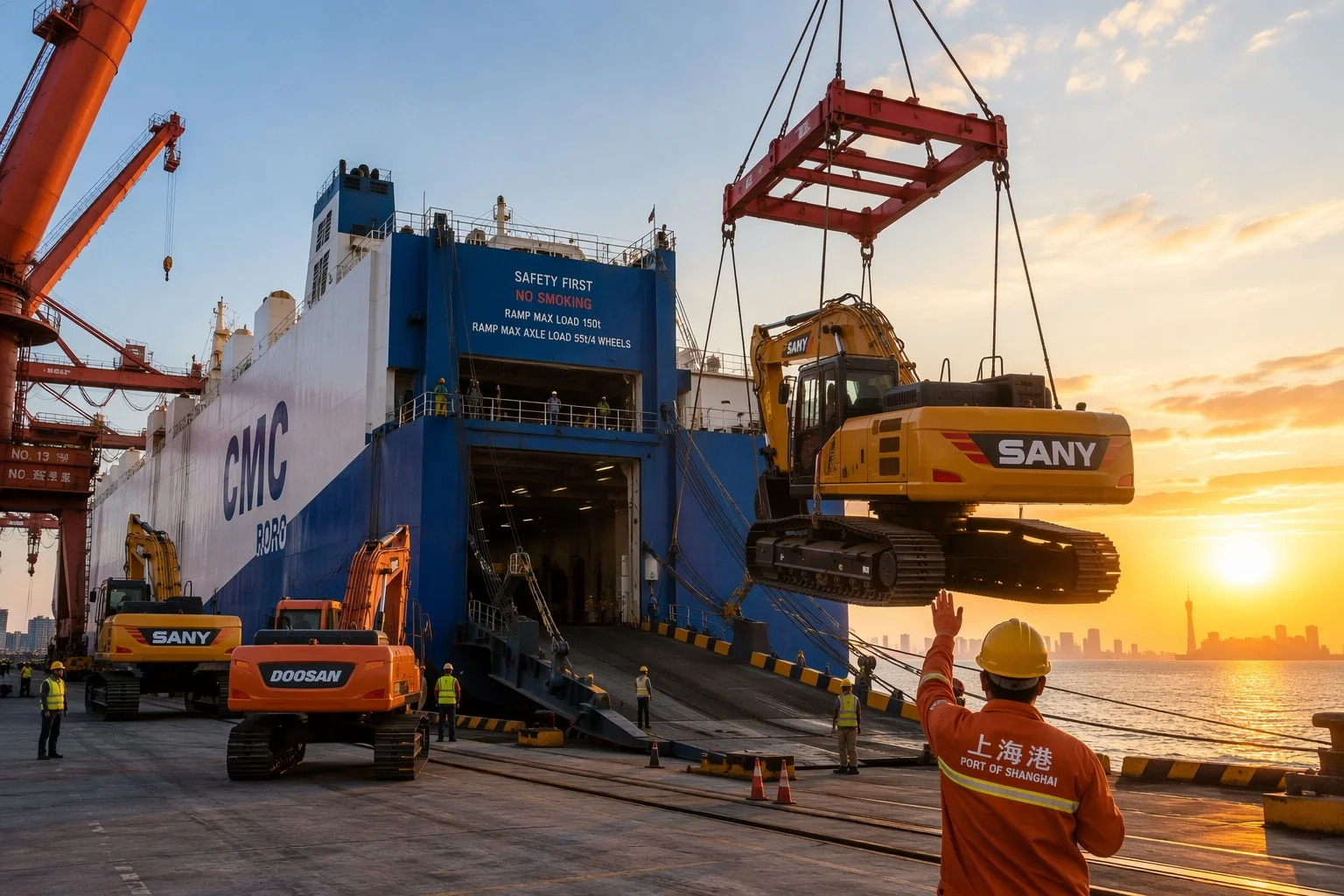 Heavy excavators being loaded and lashed onto a RORO cargo ship at sunset
