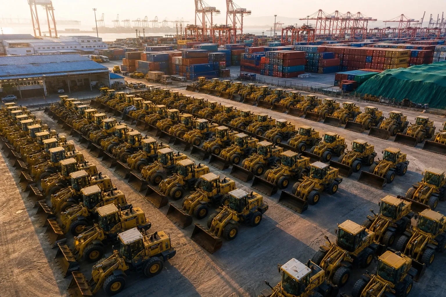 Aerial view of HMP Shanghai used wheel loader export yard with 40+ certified Caterpillar Komatsu SDLG XCMG machines
