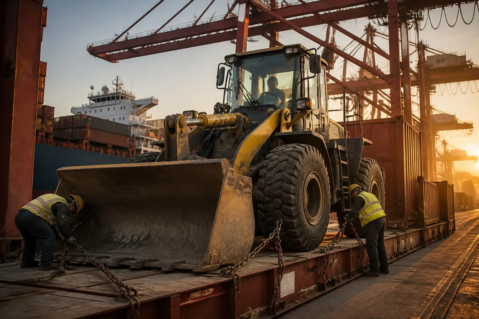 Used SDLG wheel loader being loaded onto 40-foot Flat Rack shipping container at Shanghai port with heavy chains and turnbuckles for global export