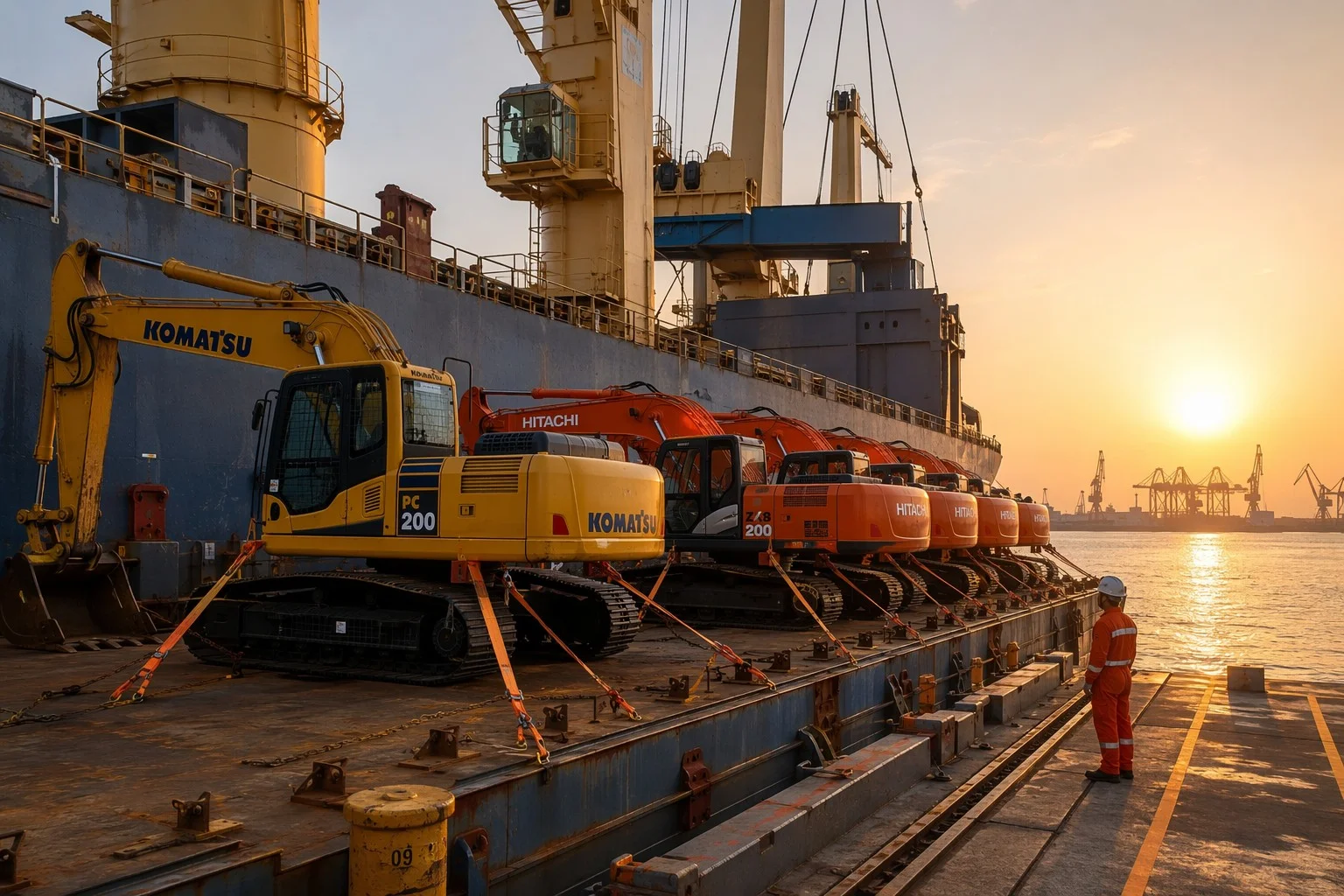 Loading used excavators onto a cargo ship for global export
