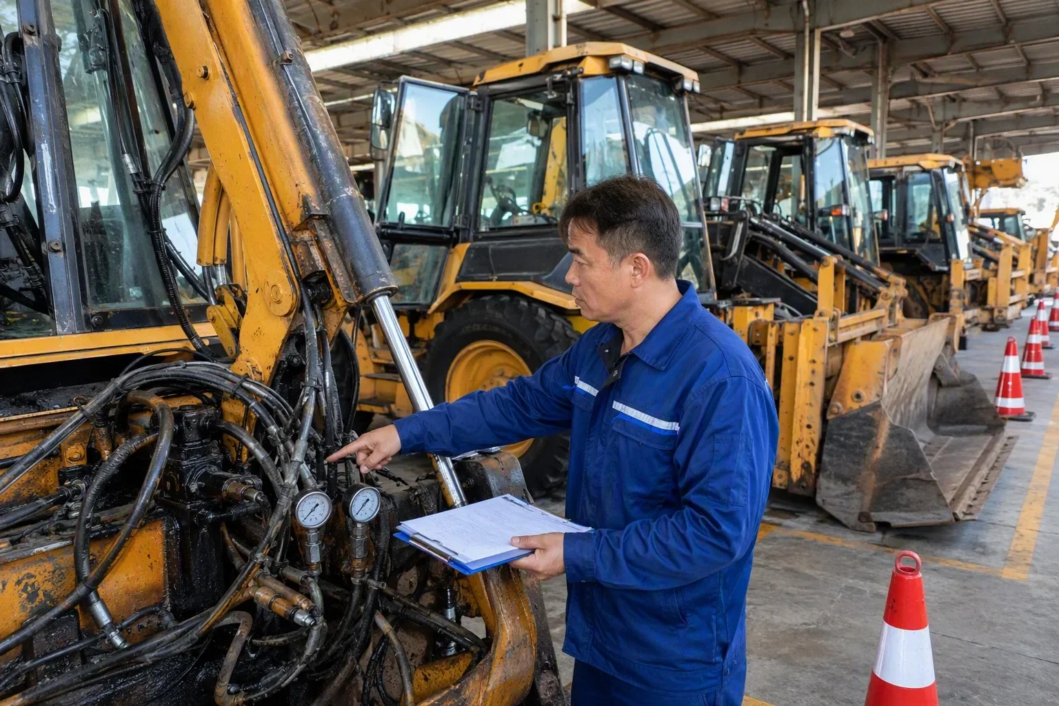 120-point inspection of used JCB 3CX and CAT 420F backhoe loaders at HMP Shanghai yard