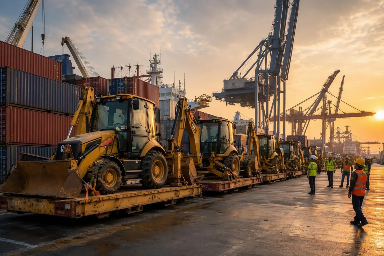 Multiple used backhoe loaders being loaded onto flat rack containers at Shanghai port for global export