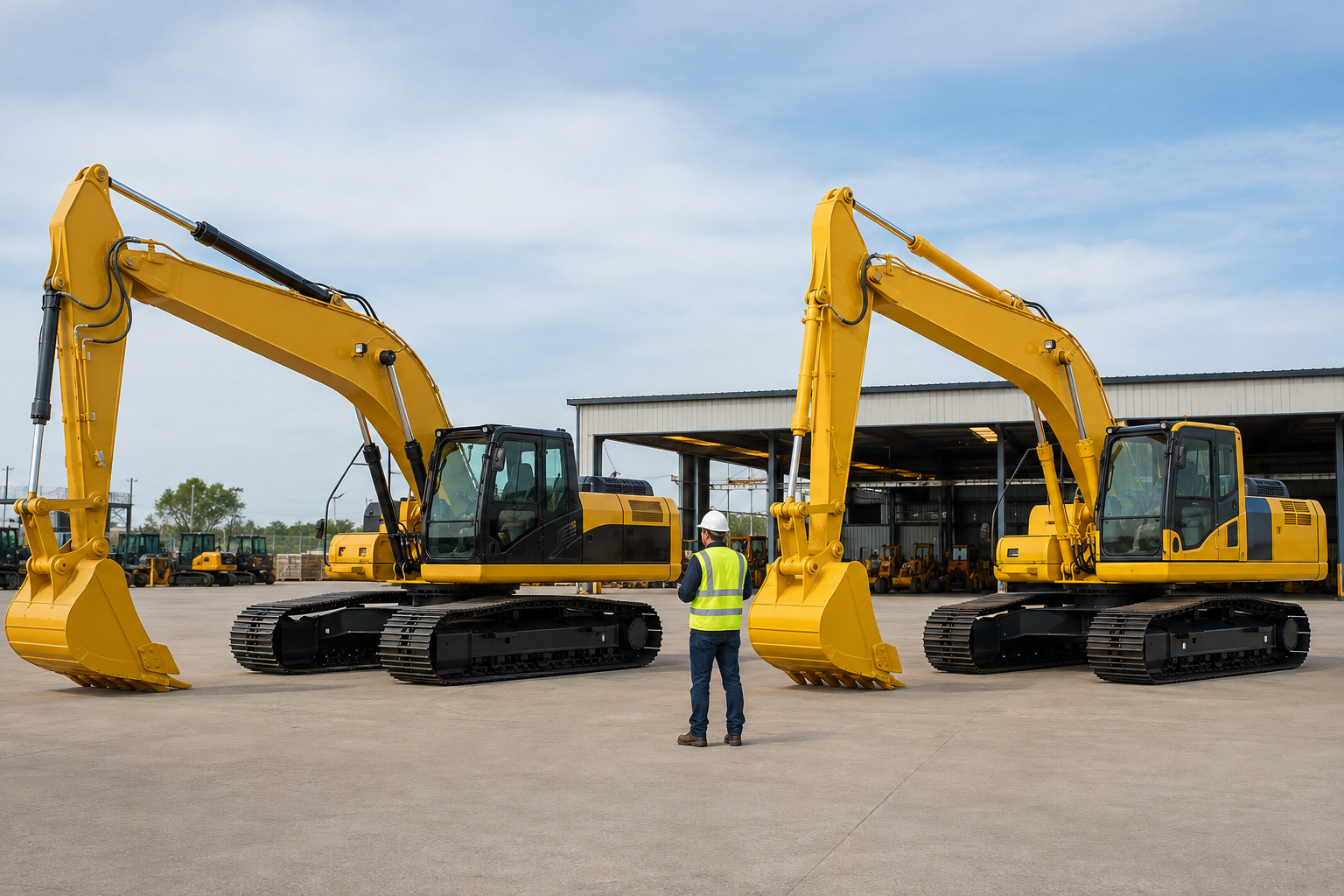 Used CAT 320D and Komatsu PC210 style excavators compared in a clean inspection yard