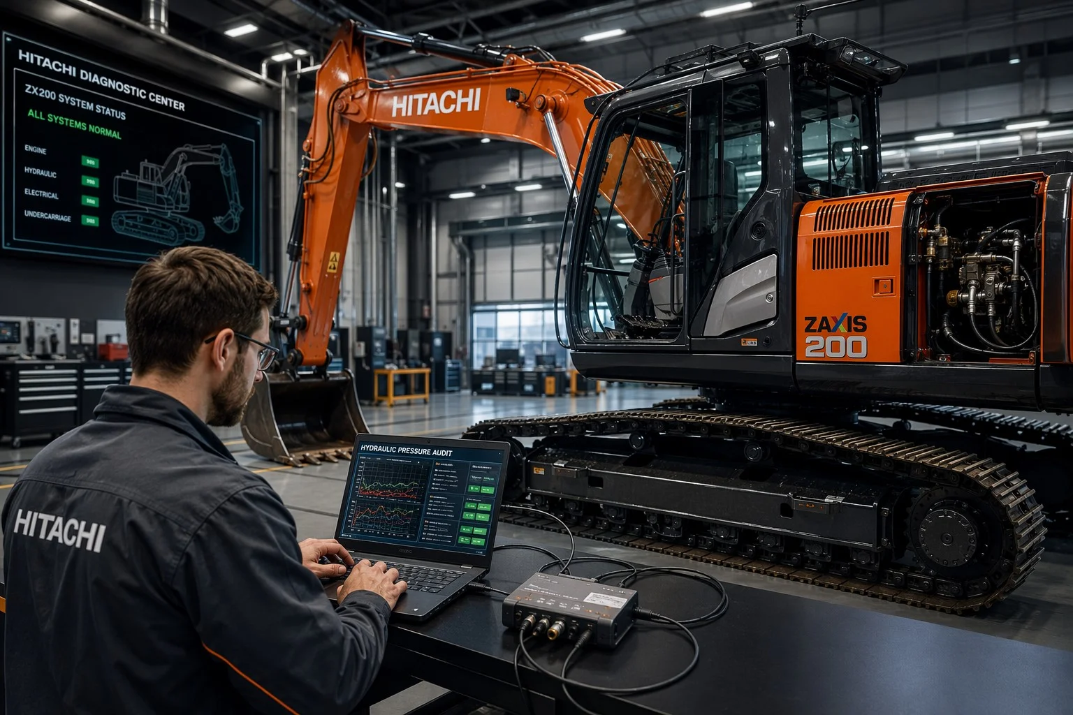 Engineer performing a hydraulic system audit on a heavy excavator