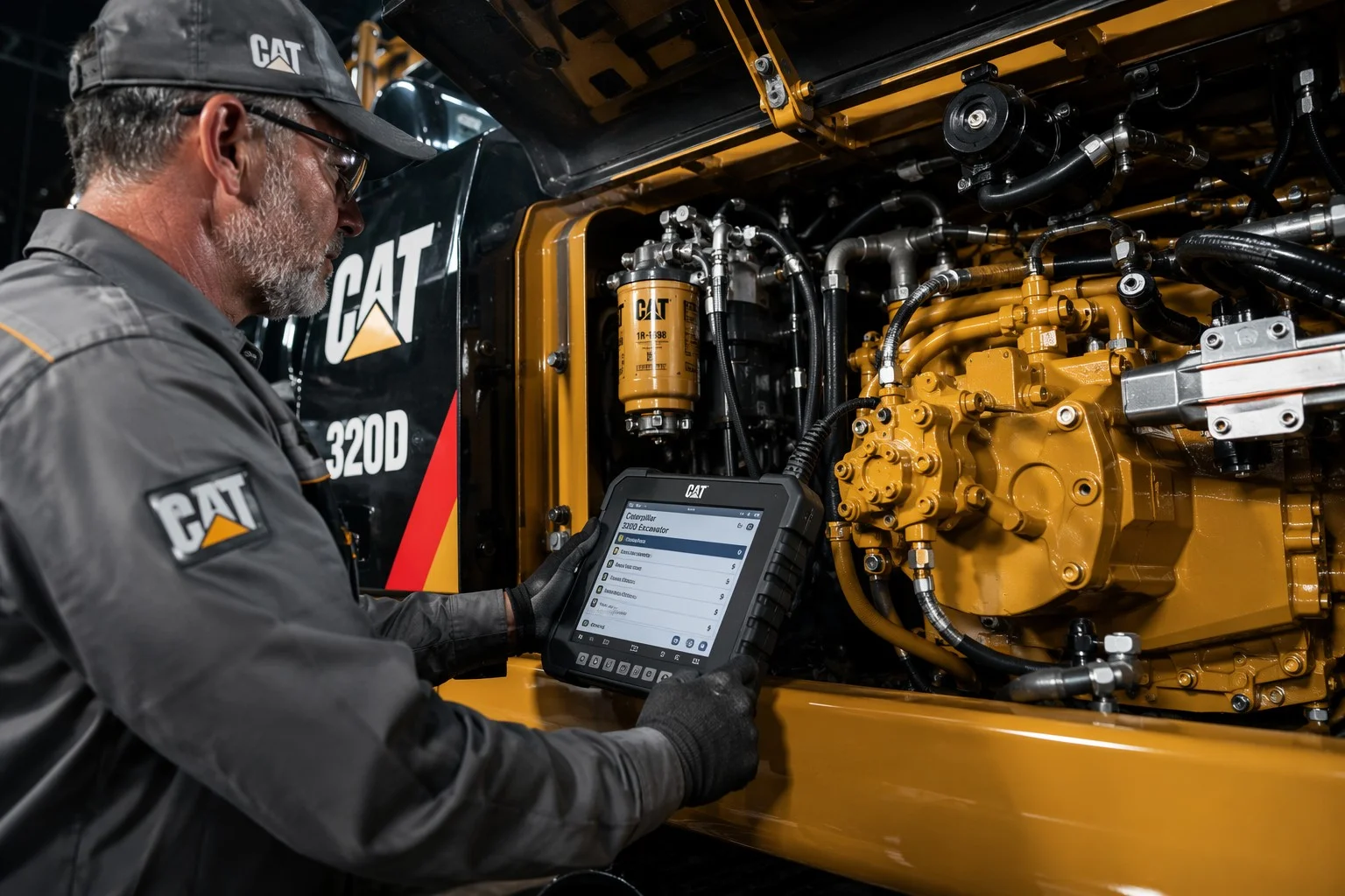 Engineer performing a technical audit on a CAT 320D engine