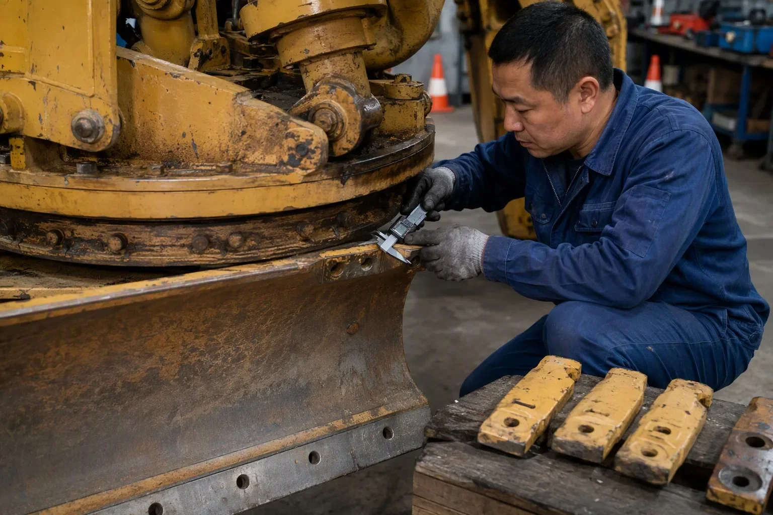 HMP mechanic measuring moldboard blade wear plates and circle assembly on a used Caterpillar 140K motor grader