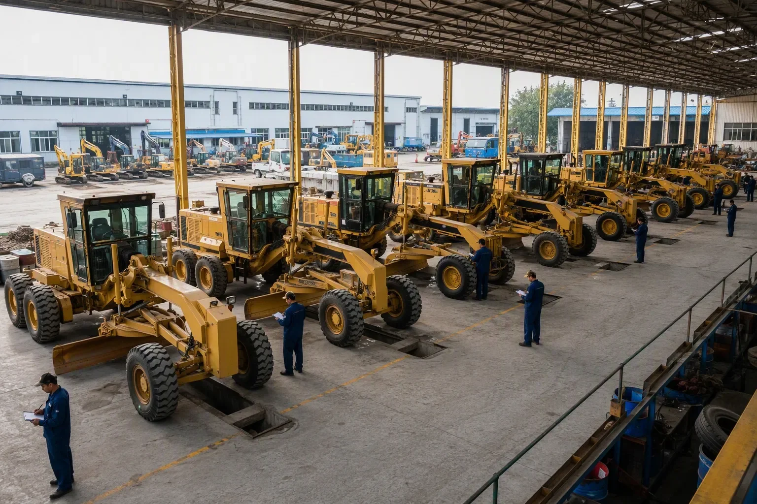 Fleet of used Caterpillar 140K, Komatsu GD511 and XCMG GR215 motor graders at HMP Shanghai inspection yard