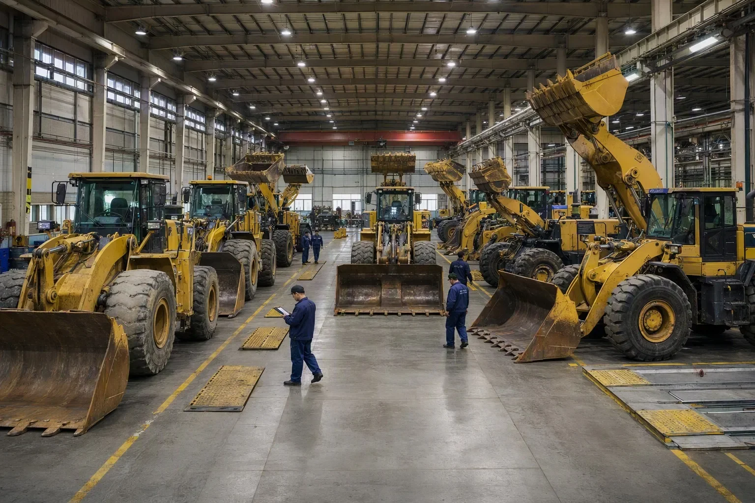 Fleet of used Caterpillar 966H, Komatsu WA380 and SDLG LG956L wheel loaders at HMP Shanghai inspection yard, all certified for global export