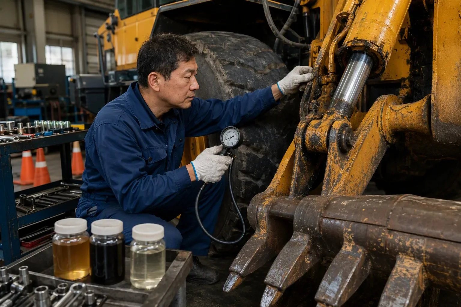 HMP mechanic measuring hydraulic cylinder pressure on a used Komatsu WA380 wheel loader during 120-point pre-shipment inspection